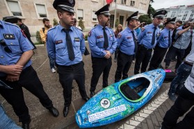Day 35: Well-guarded kayak at the protest in Tirana